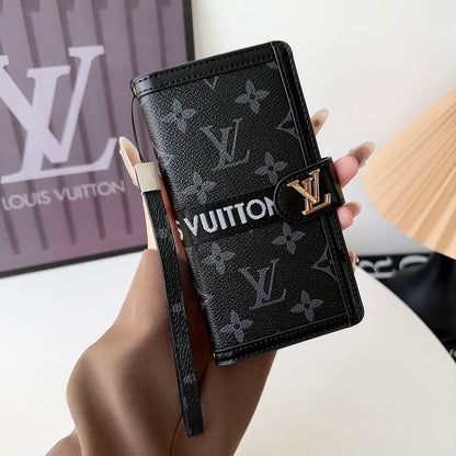 Premium Genuine Leather Monogram Canvas Wallet Card Holder for iPhone 14-18 Pro & Pro Max