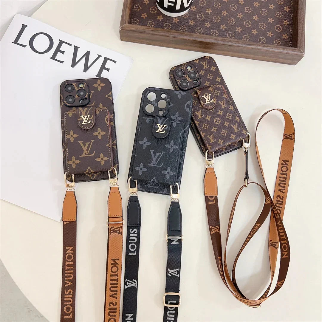 Monogram Canvas Leather Button Card Holder Crossbody iPhone Case 12-18 Pro & Pro Max
