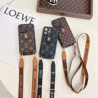 Monogram Canvas Leather Button Card Holder Crossbody iPhone Case 12-18 Pro & Pro Max