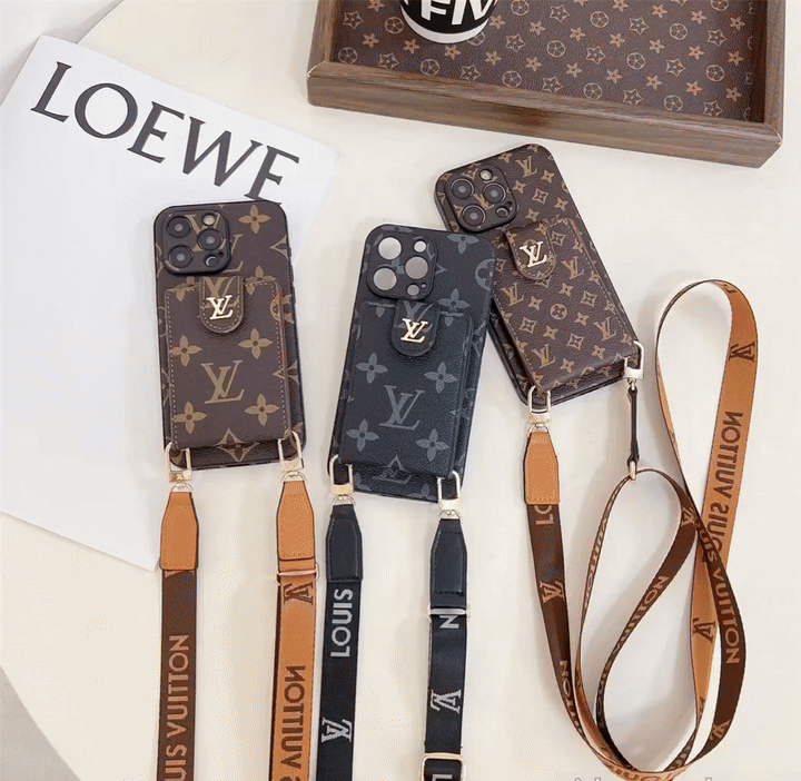 Monogram Canvas Leather Button Card Holder Crossbody iPhone Case 12-18 Pro & Pro Max