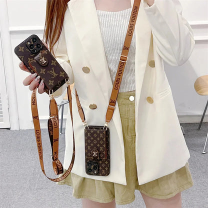 Monogram Canvas Leather Button Card Holder Crossbody iPhone Case 12-18 Pro & Pro Max
