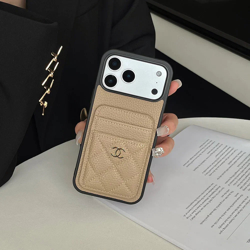 Leather Phone Case and Two Card Slots with Gold Label For iPhone 12-18 Pro & Pro Max