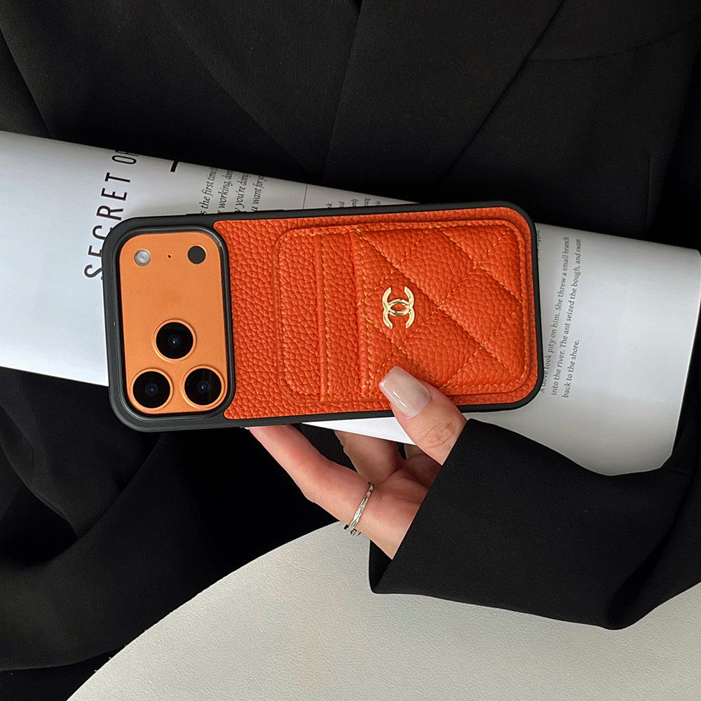 Leather Phone Case and Two Card Slots with Gold Label For iPhone 12-18 Pro & Pro Max