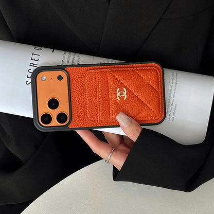 Leather Phone Case and Two Card Slots with Gold Label For iPhone 12-18 Pro & Pro Max