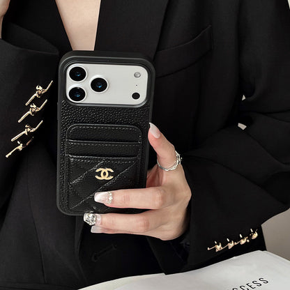Leather Phone Case and Two Card Slots with Gold Label For iPhone 12-18 Pro & Pro Max