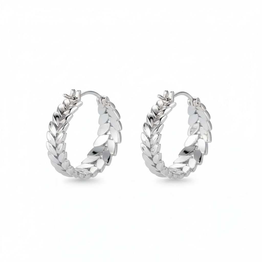Wheat Leaf Hoop Earrings in Silver