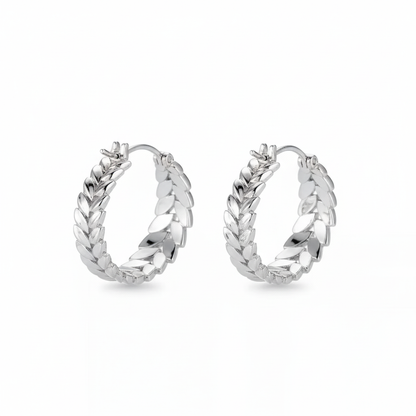 Wheat Leaf Hoop Earrings in Silver