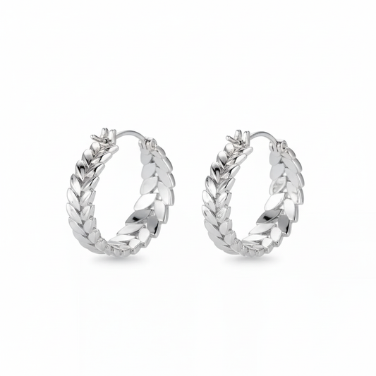 Wheat Leaf Hoop Earrings in Silver
